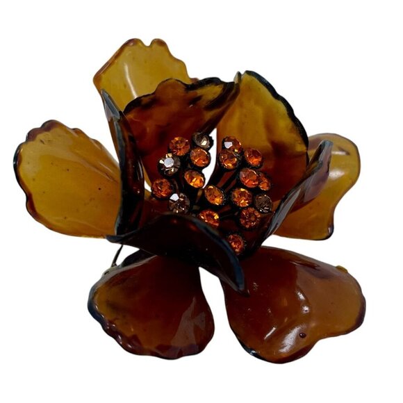 Jewelry - 1950s  Retro Amber Orchid Flower Brooch | Cellulose Acetate Pin with Rhinestones